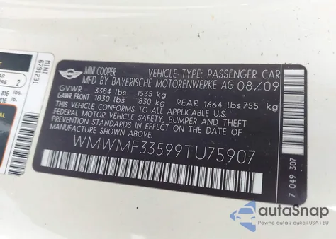 2009 Mini Cooper из США, поврежденный, VIN WMWMF33599TU75907